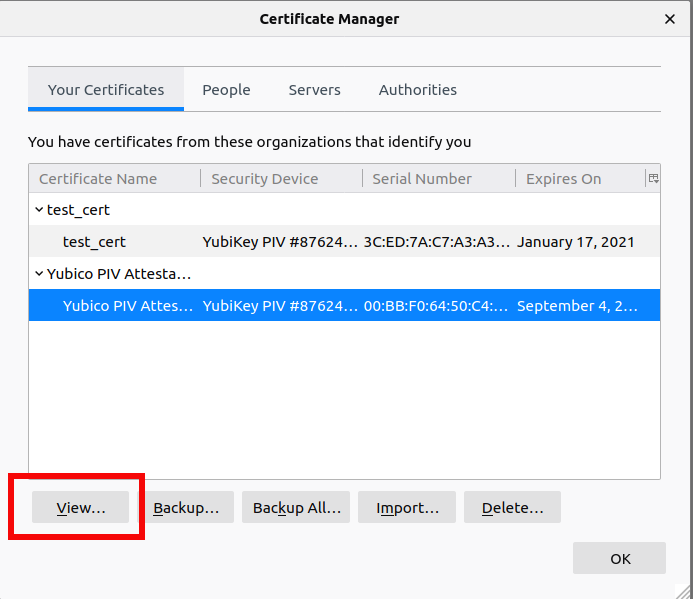 FF Certificate Manager View
